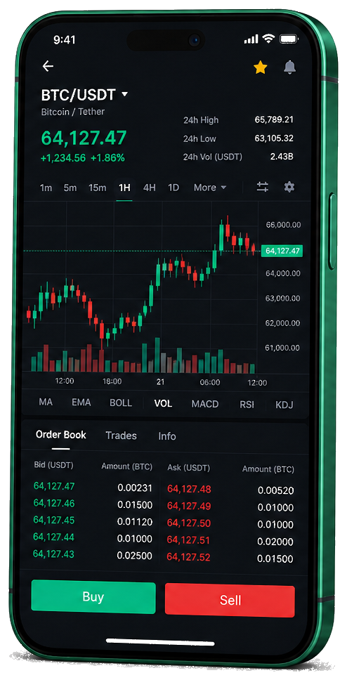 Plataforma de trading de Andeor GPT en dispositivo móvil — gráfico en vivo BTC/USDT, libro de órdenes e interfaz para comprar/vender